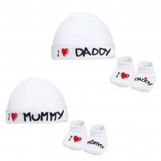 HB12-W: White I ♡ Mummy/Dadddy Hat & Bootee Set